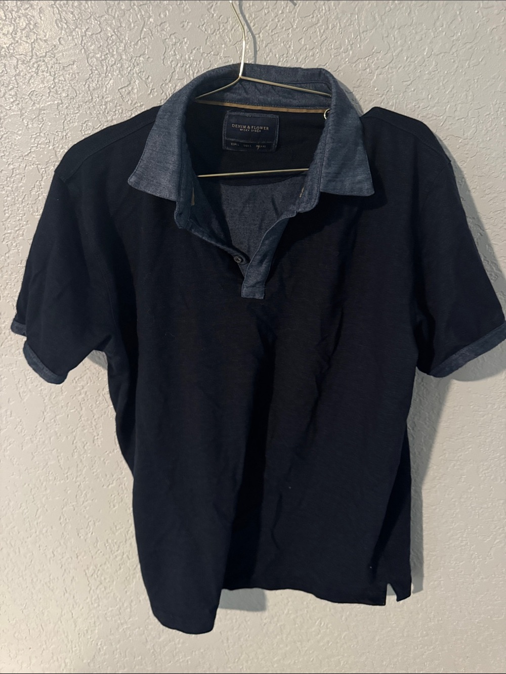 crown & ivy Navy Polo with Contrast Chambray Collar